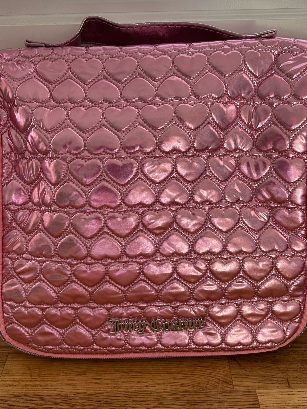 Juicy Couture Shiny Pink Heart-Quilted Hanging Travel Cosmetics/Toiletries Bag